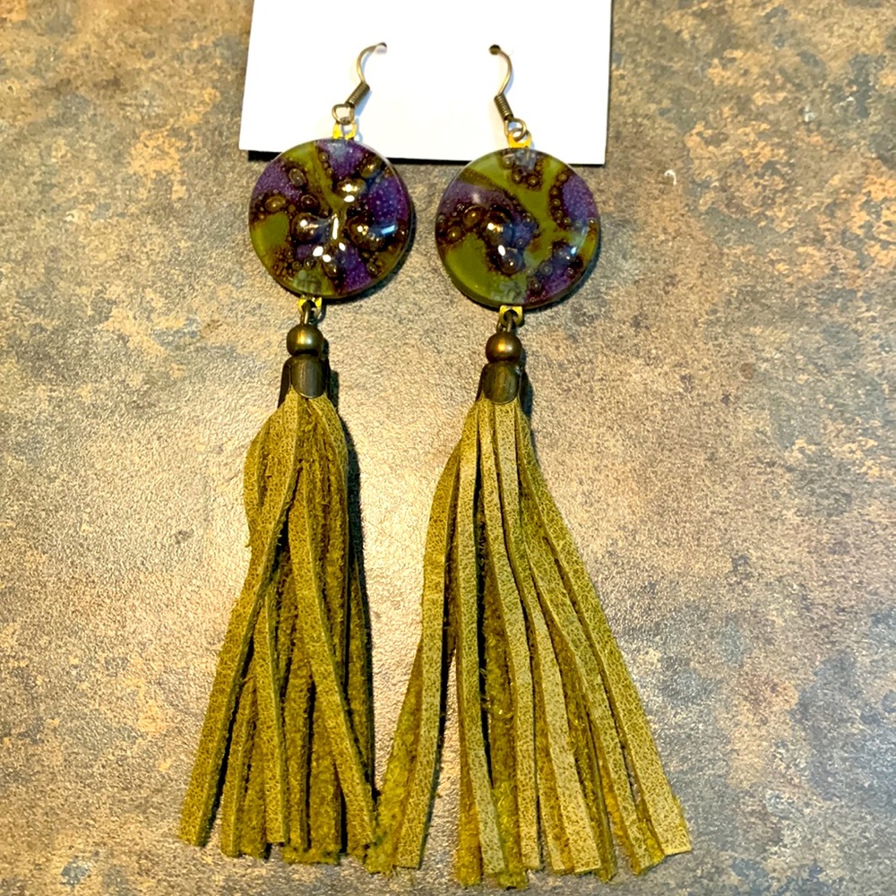 New Handmade Olive Green Leather Drop Statement Earrings w/Fused Glass